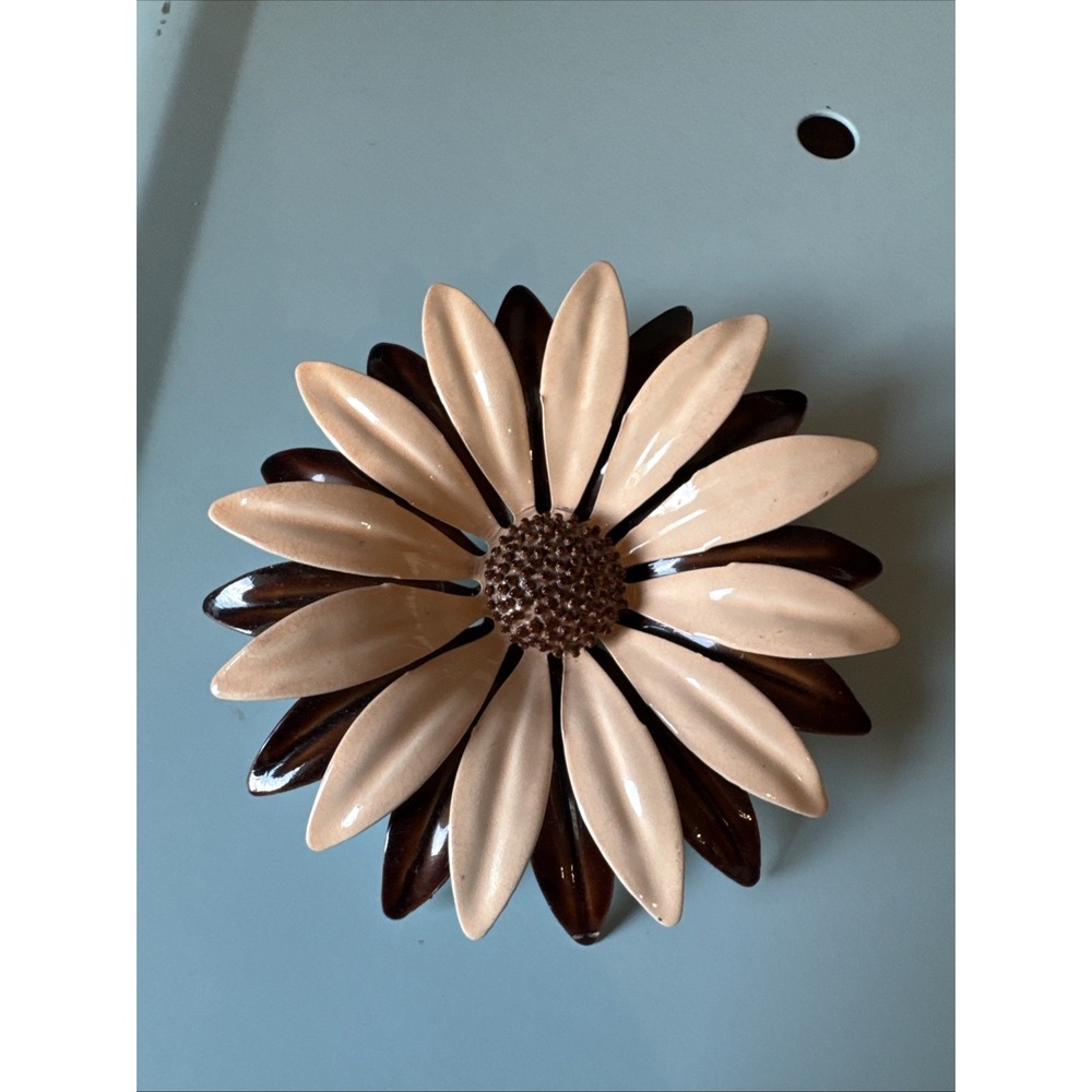 Vintage Enamel Flower Brooch Pin Pale Pink And Brown Sunflower Daisy Fall Colors